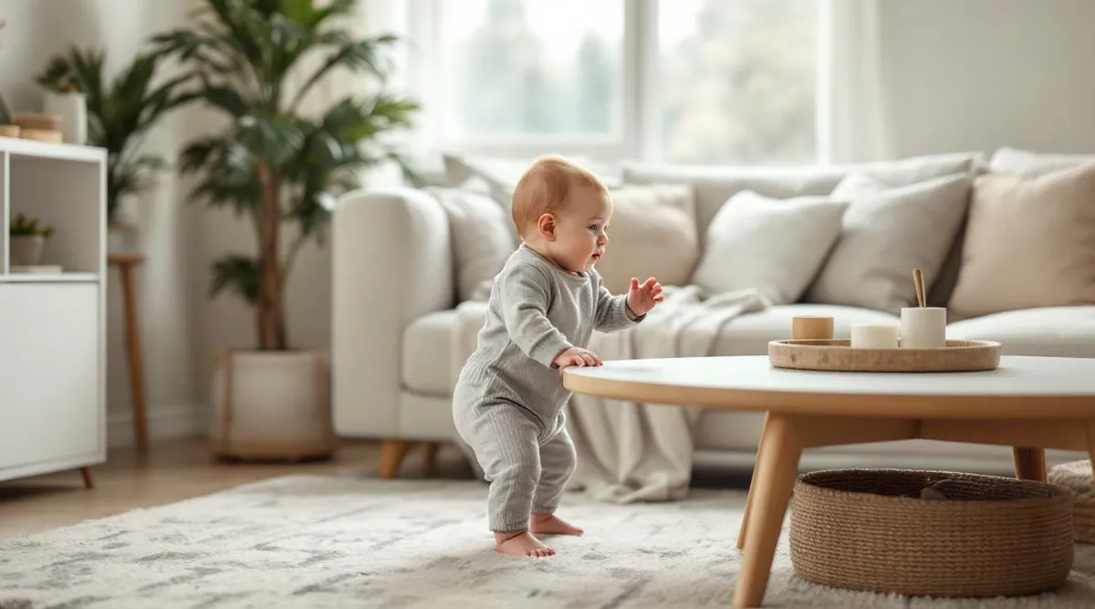 A baby pulling to stand while holding onto a low coffee table