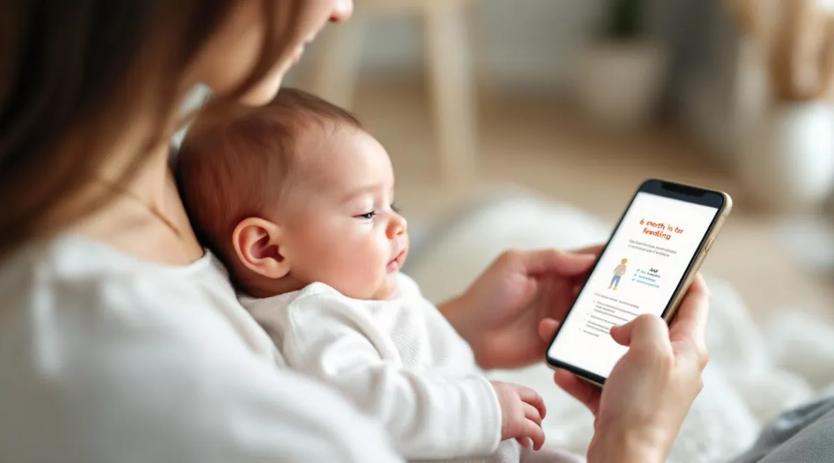 A parent holding a 6-month-old baby while reading information on a smartphone about feeding