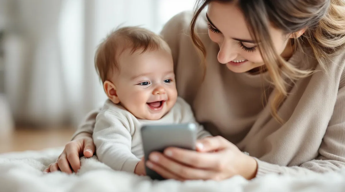 A parent holding a smiling 3-month-old baby while looking thoughtfully at a phone screen