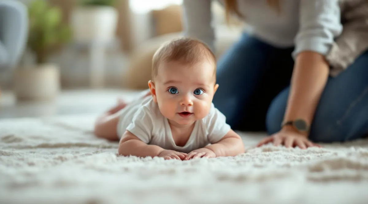 A newborn baby lying on their tummy during tummy time while a parent gently supports them nearby