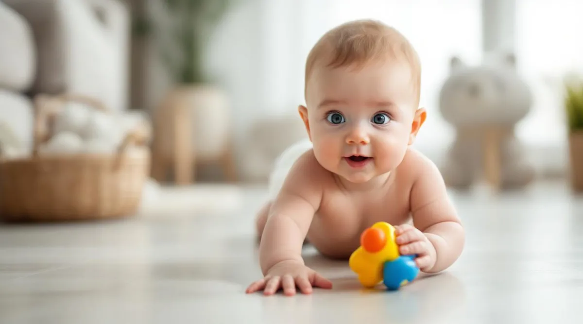 A 5-month-old baby reaching forward to grab a colorful rattle while on their tummy