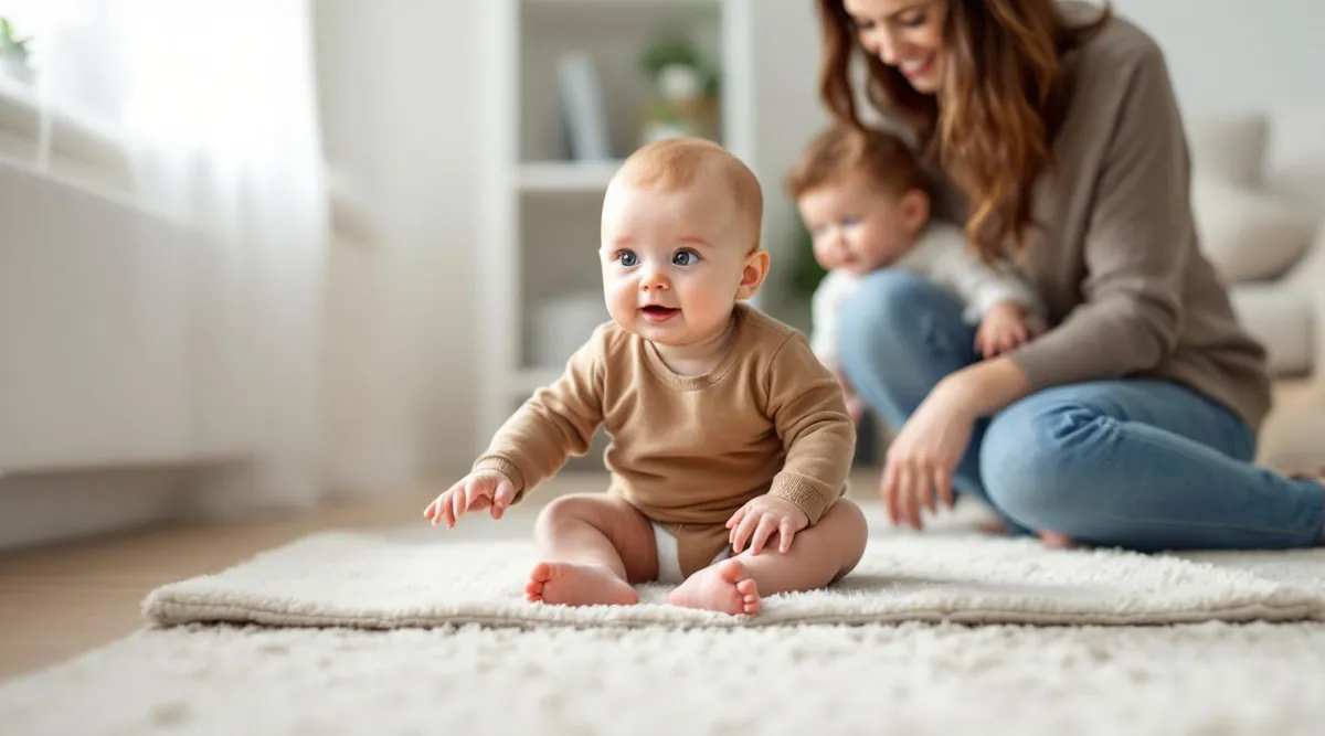 A baby wobbling slightly while sitting independently on a padded carpet with a parent close by