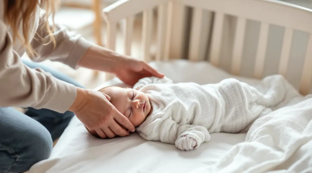 A parent gently placing a sleeping 6-month-old baby into a crib
