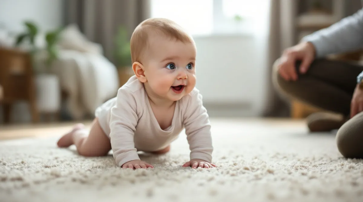 An 8-month-old baby crawling on a living room carpet toward a parent