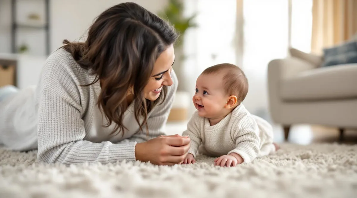 A parent smiling face-to-face with a 2-month-old baby during playtime on a living room carpet
