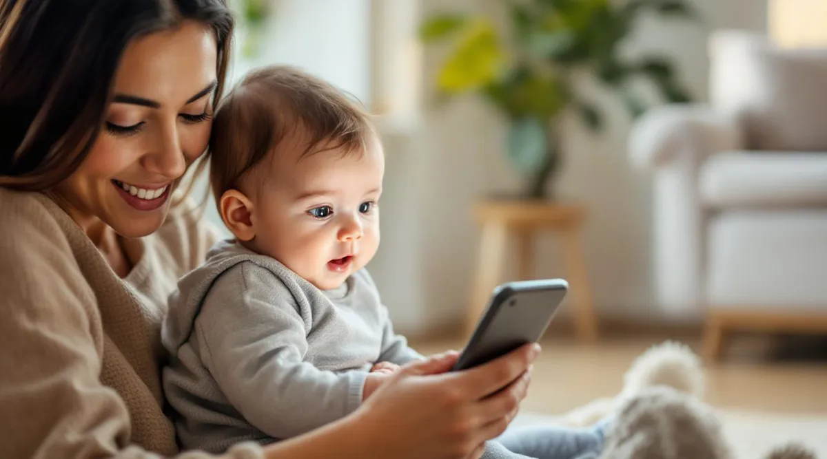 A parent holding a curious 4-month-old baby while looking at a phone screen