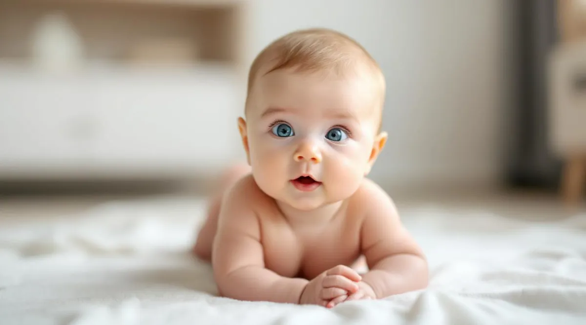A 2-month-old baby lifting their head during tummy time on a light-colored blanket