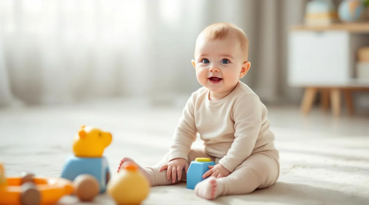 A 6-month-old baby sitting with minimal support on the floor with toys nearby