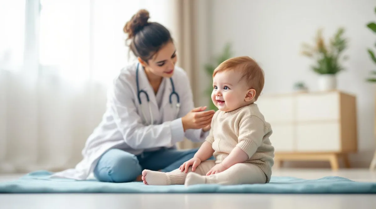 A pediatrician observing a baby sitting upright during a routine checkup