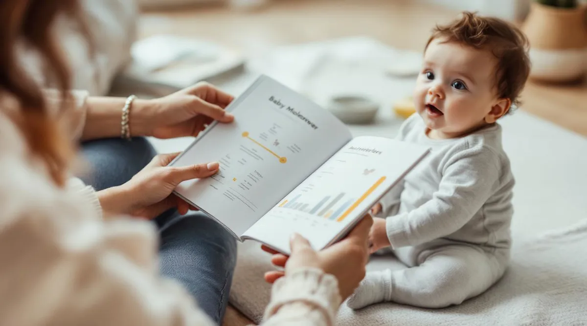 A parent flipping through a baby milestone book next to a baby sitting on a play mat