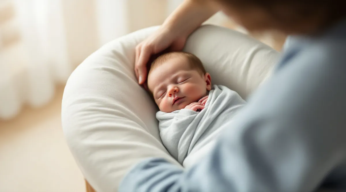 A newborn baby sleeping swaddled in a bassinet with a parent gently placing a hand on their chest